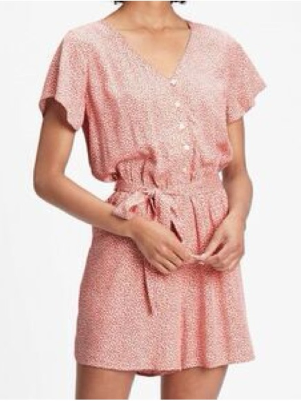 GAP Pink Ditsy Floral Short Sleeve Buttoned Romper with a Belt and Pockets
